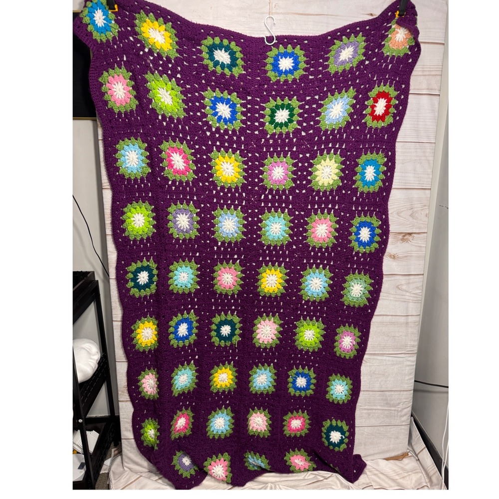 Vintage Handmade Crochet Granny Square Afghan Blanket Purple Multi Color Throw